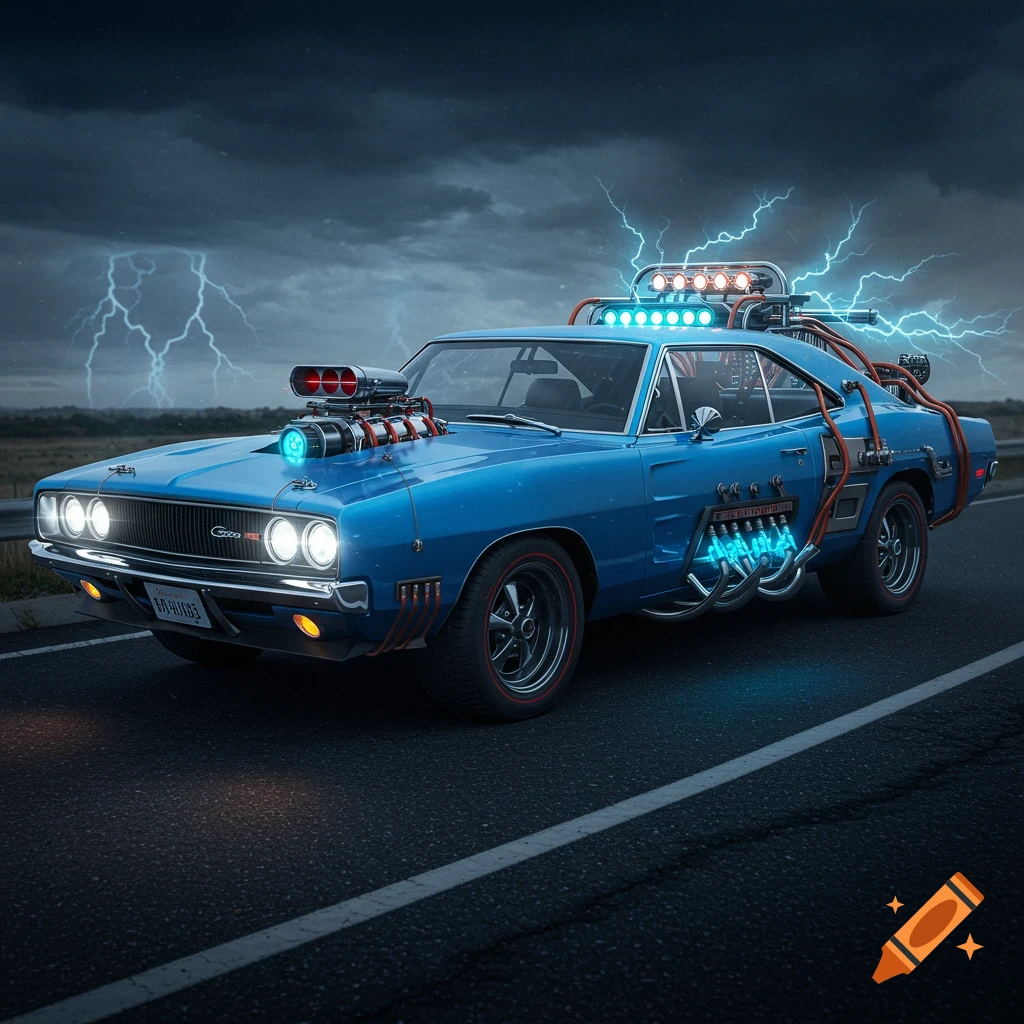Blue 1969 Dodge Charger time machine on a road with lightning.
