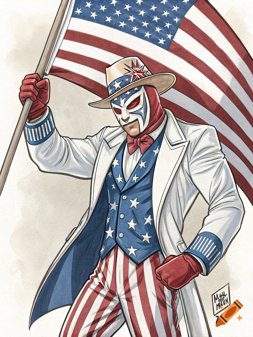 Illustration of a masked hero in a patriotic suit holding an American flag.