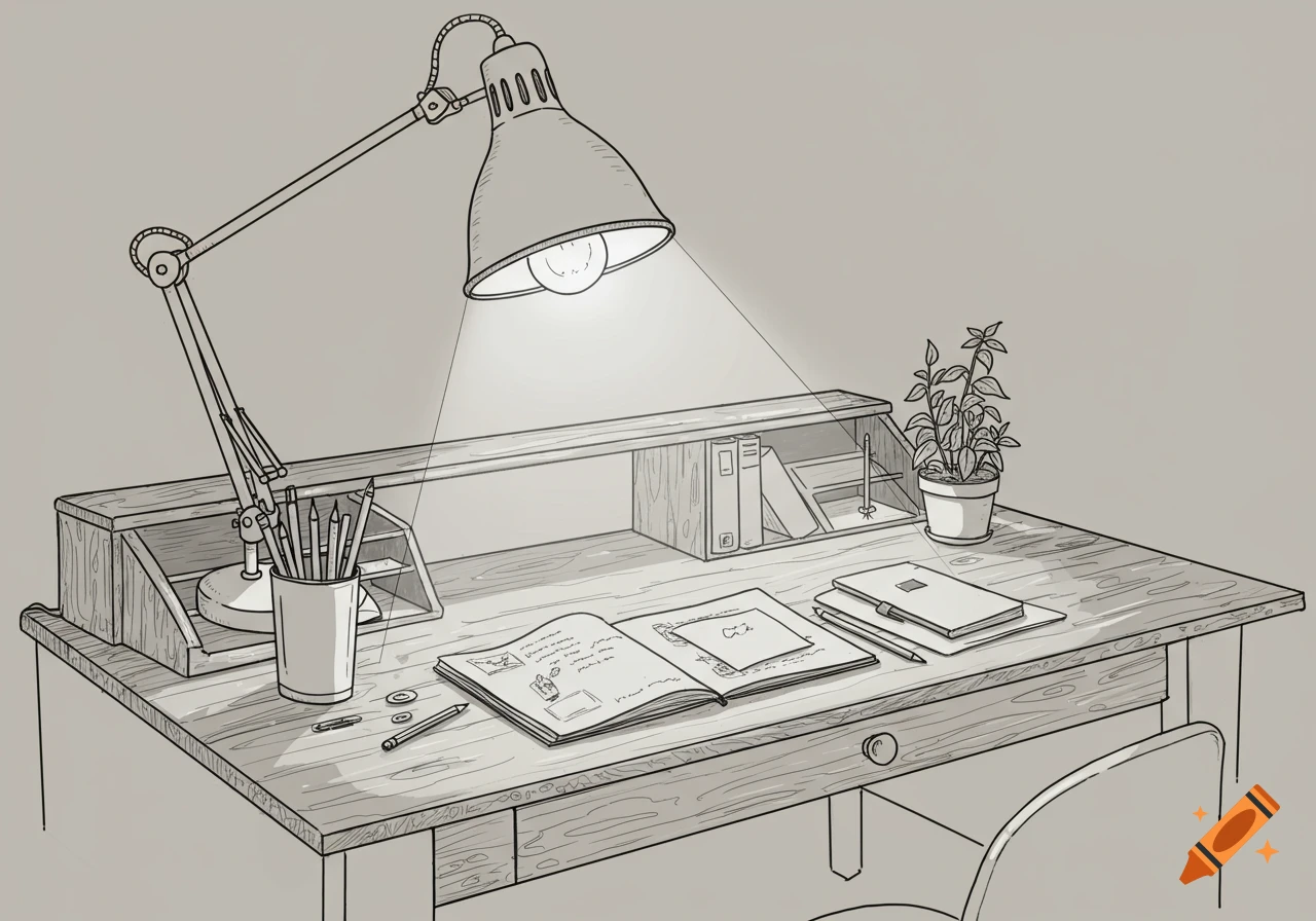Black and white line art of a cozy work desk with a lamp, open book, and plant.