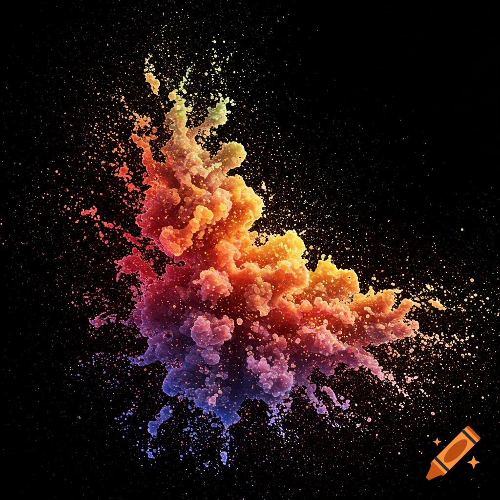 Colorful burst of particles exploding against a black background.