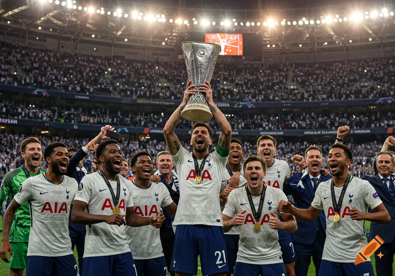A group of football players in white kits celebrate and lift a trophy in a stadium.