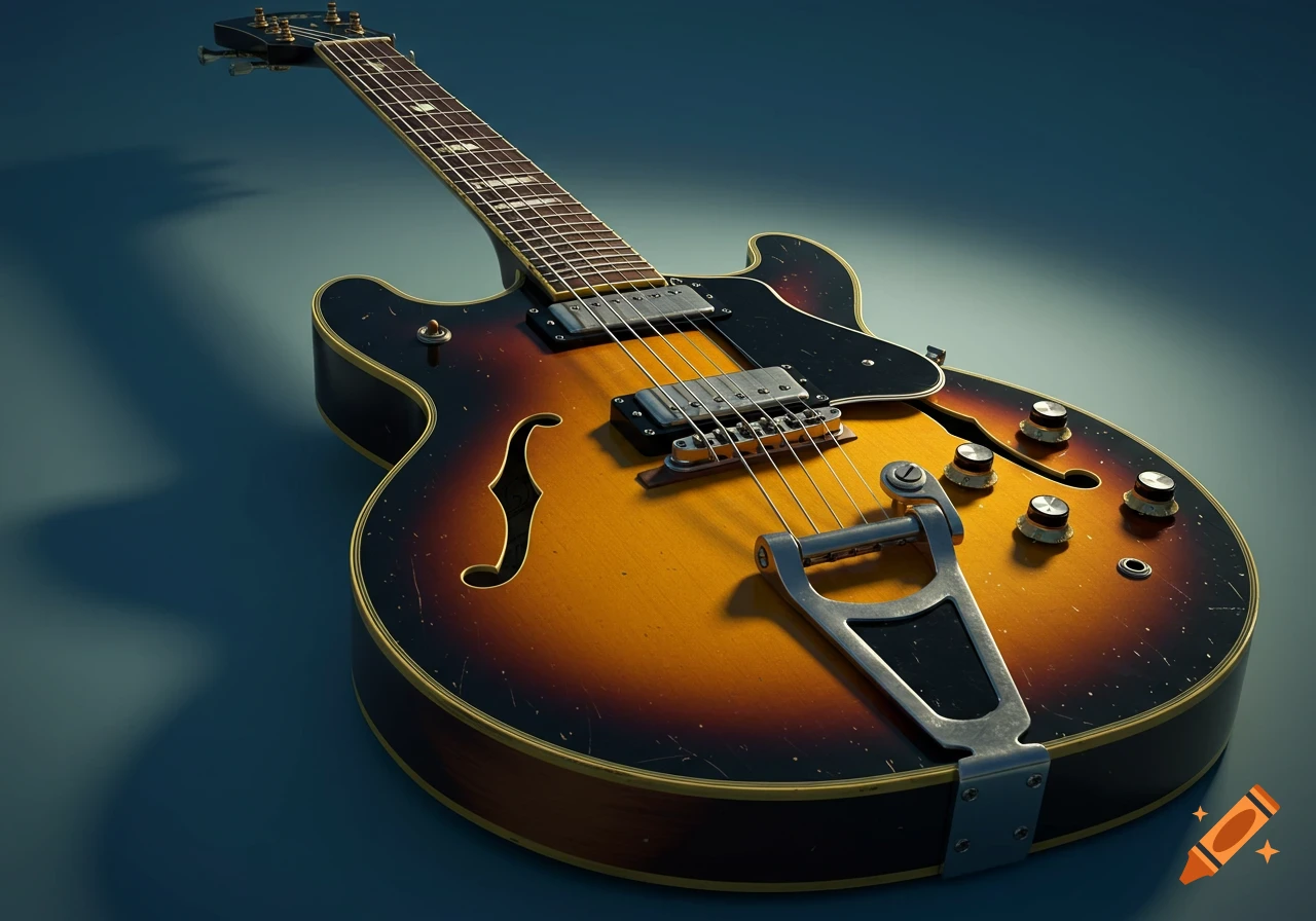 A close-up of a vintage sunburst electric guitar.