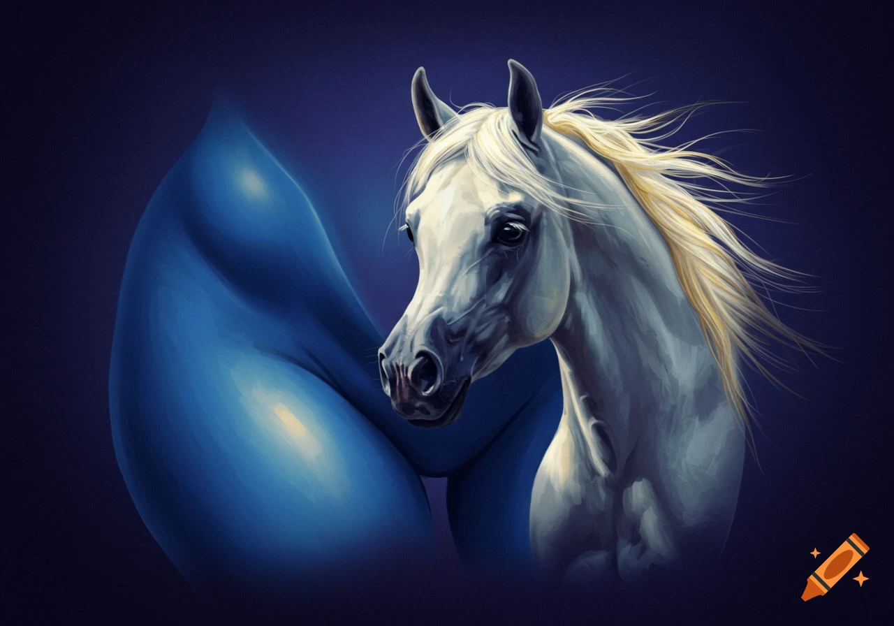 White horse head emerging from a large blue shape, digital painting.