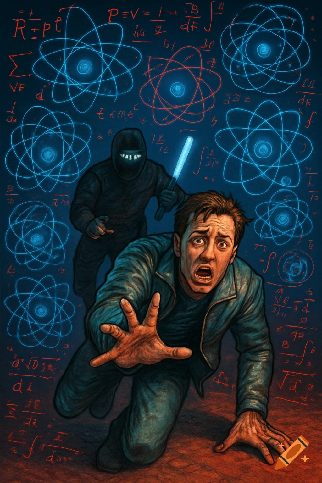 An illustration of a scared man crawling away from a dark figure with a glowing club, surrounded by scientific equations and atomic diagrams.