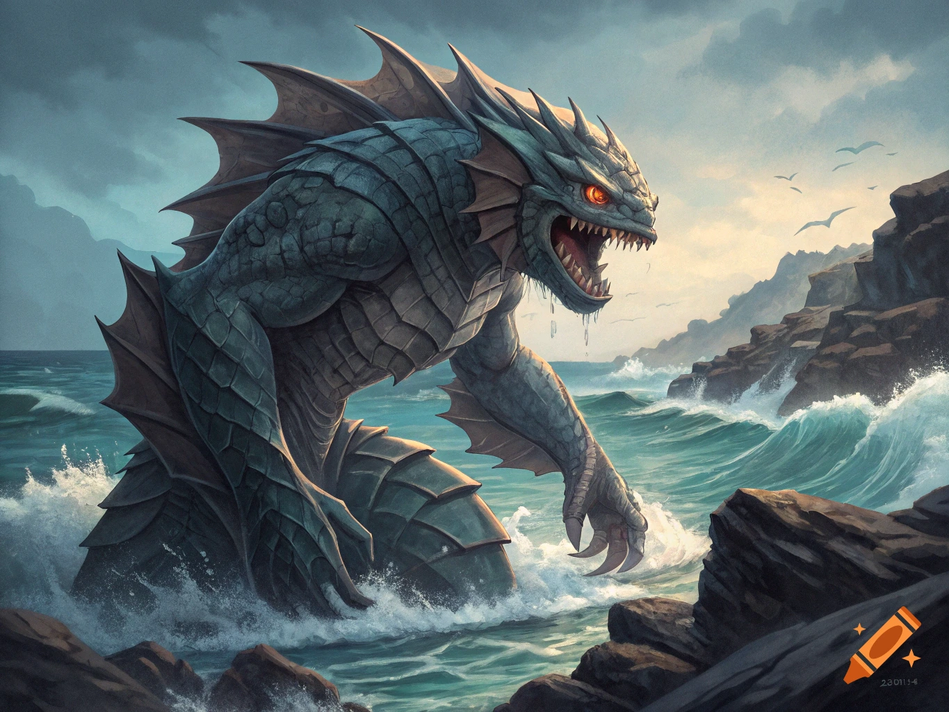 A large, fearsome sea monster with scales and spines rises from the ocean near rocky cliffs.