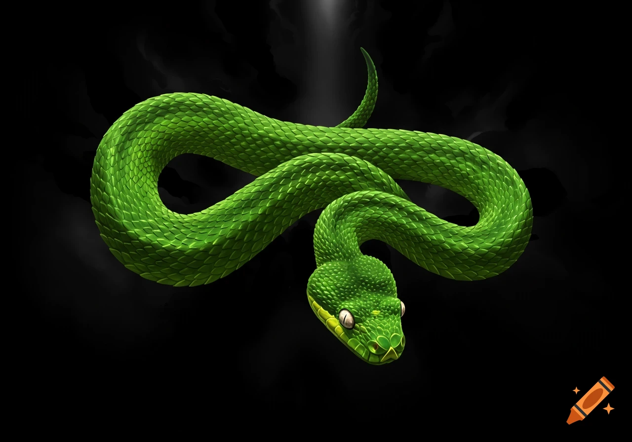 A vibrant green snake slithers on a black background.