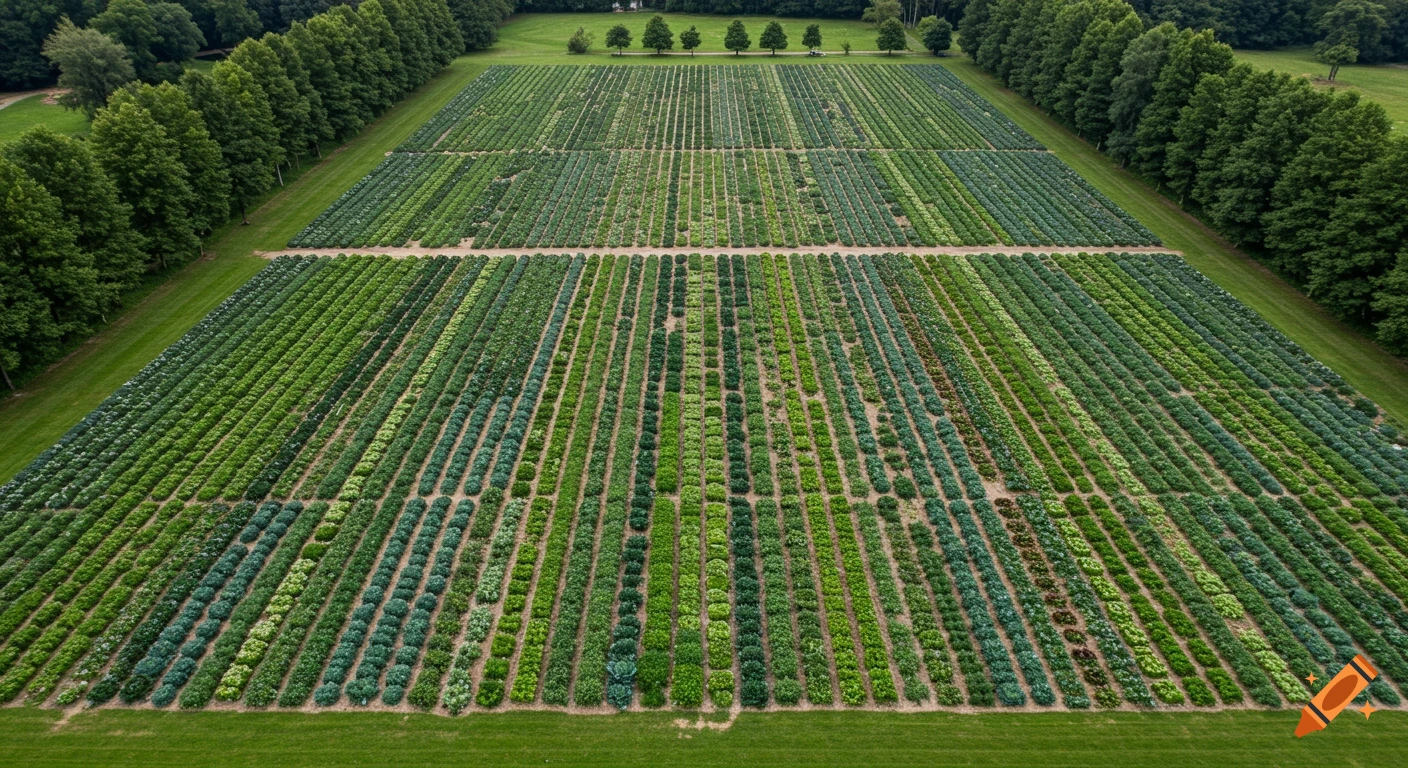 Aerial view of a large farm field with many rows of different green plants.