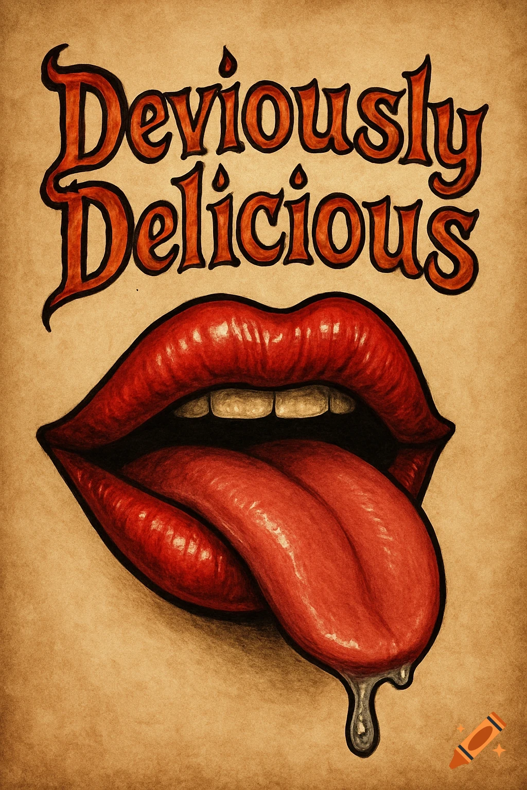 Deviously Delicious text above an illustration of red lips and a dripping tongue.