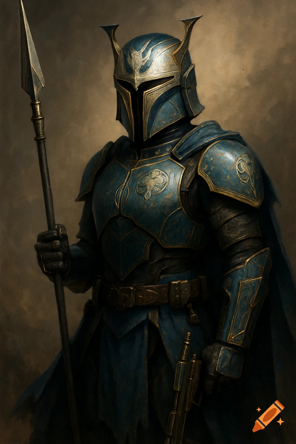 Person in ornate blue and gold fantasy armor with a helmet, holding a ...