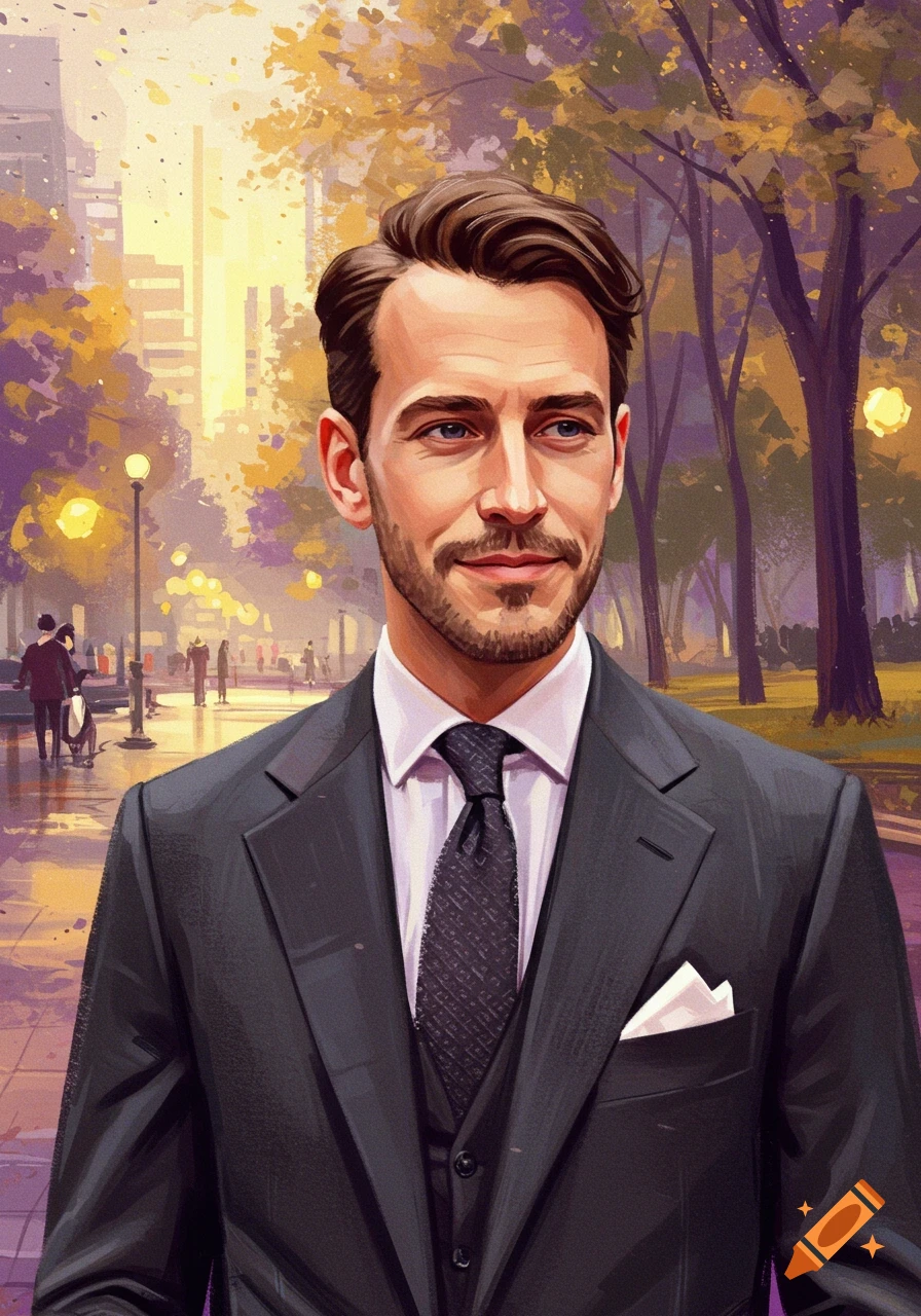 Impressionist style portrait of a man in a suit outdoors