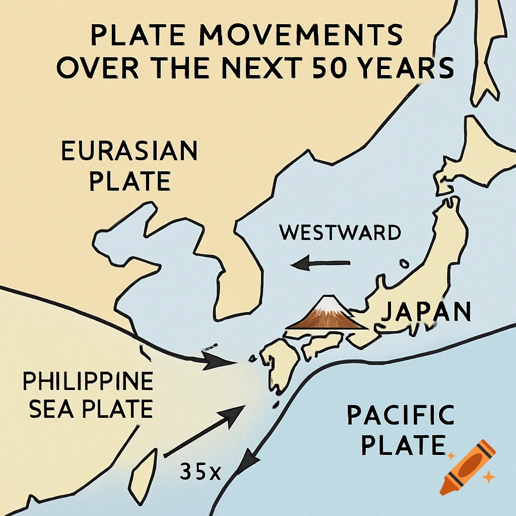 Illustration of a map showing the Eurasian, Philippine Sea, Pacific, and Japan plates, with arrows indicating movement directions and labels.