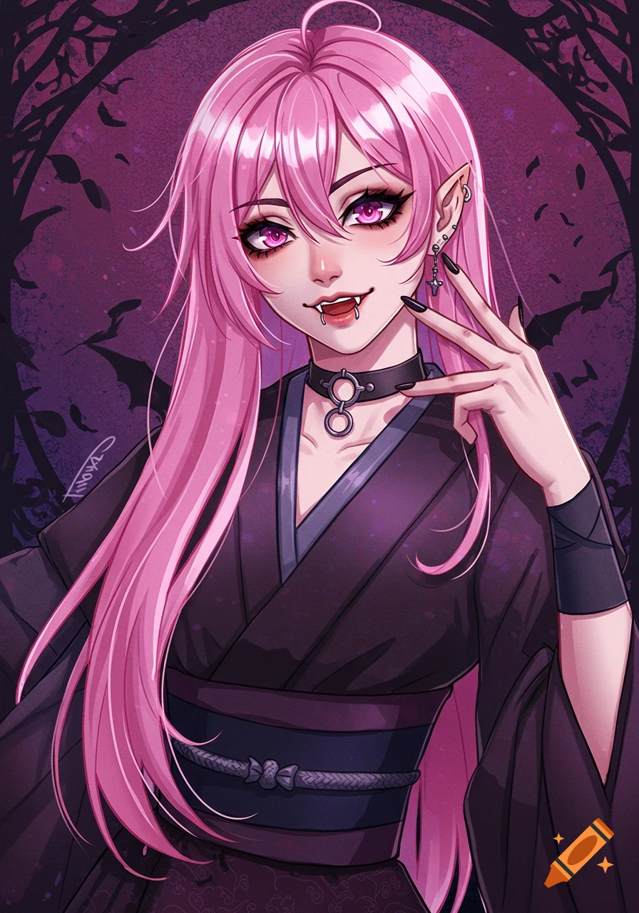 Anime style portrait of a pink-haired vampire character with fangs and pointed ears, wearing a black kimono.