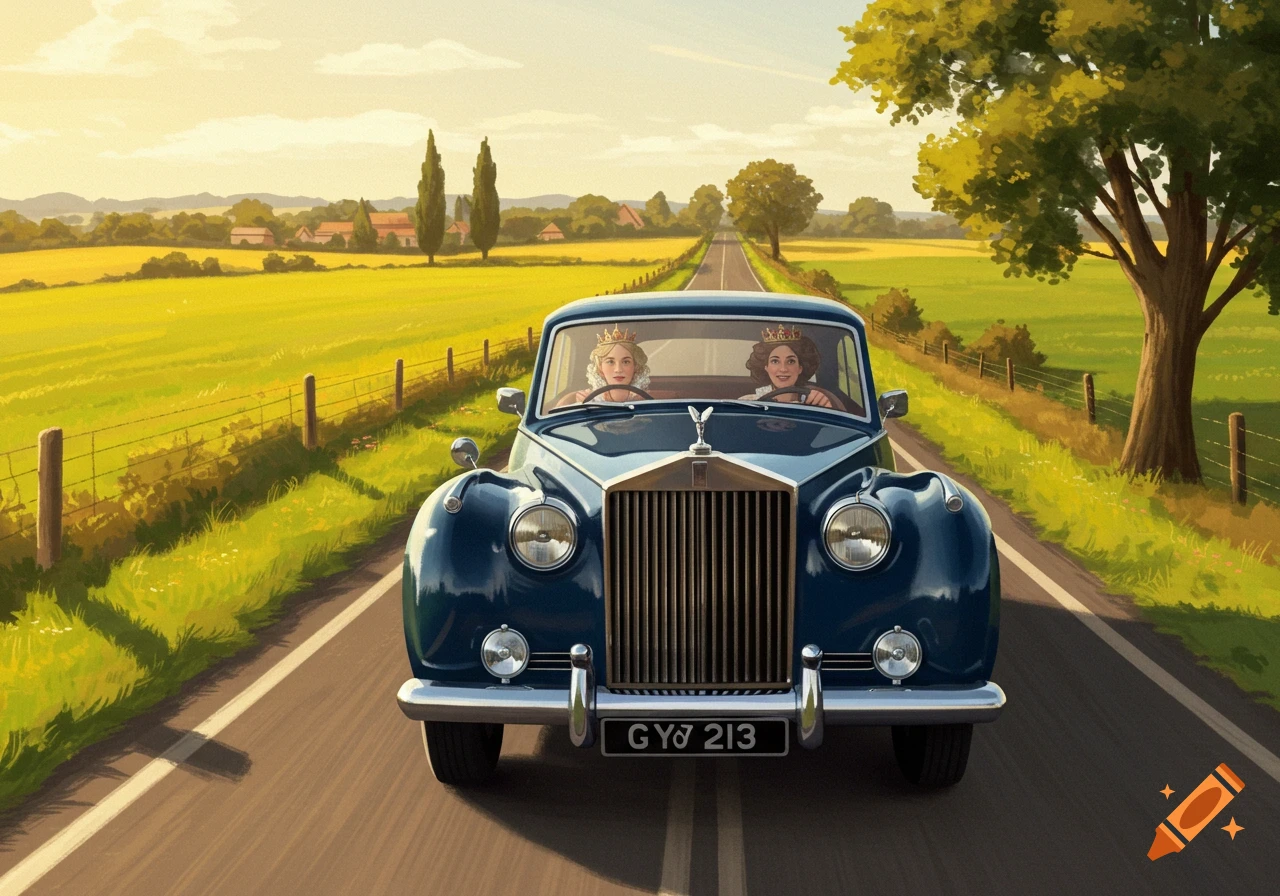 Two women in crowns drive a vintage blue car down a sunny country road.