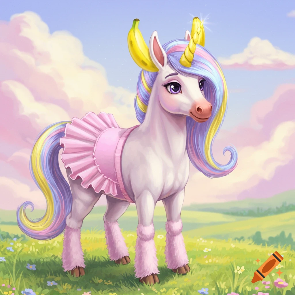 A cartoon unicorn with bananas for ears wears a pink tutu in a field.