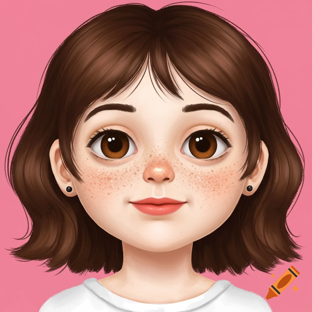 Cartoon portrait of a young girl with brown hair, brown eyes, and freckles against a pink background.