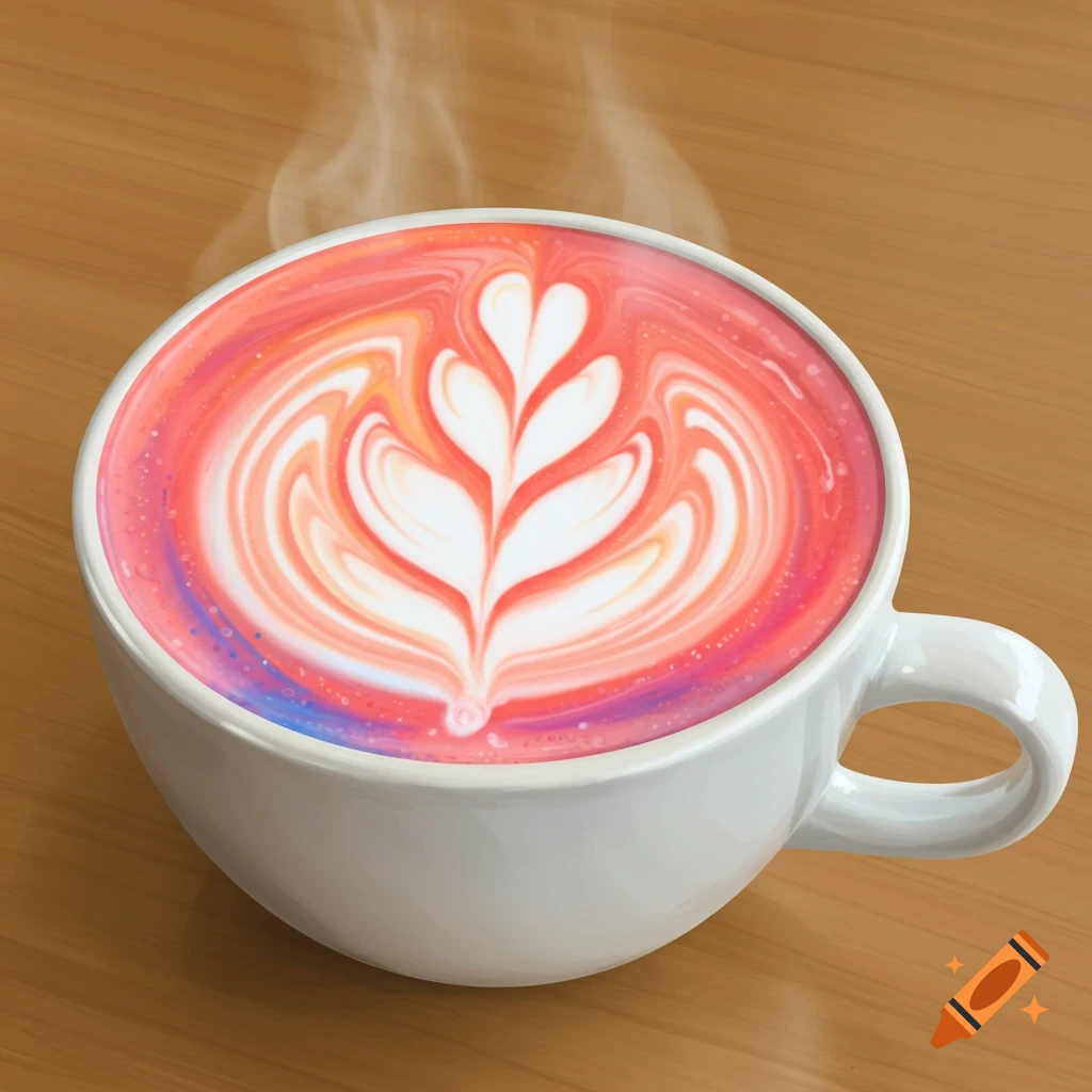 A white coffee cup on a wooden table with rainbow-colored tulip latte art and rising steam.