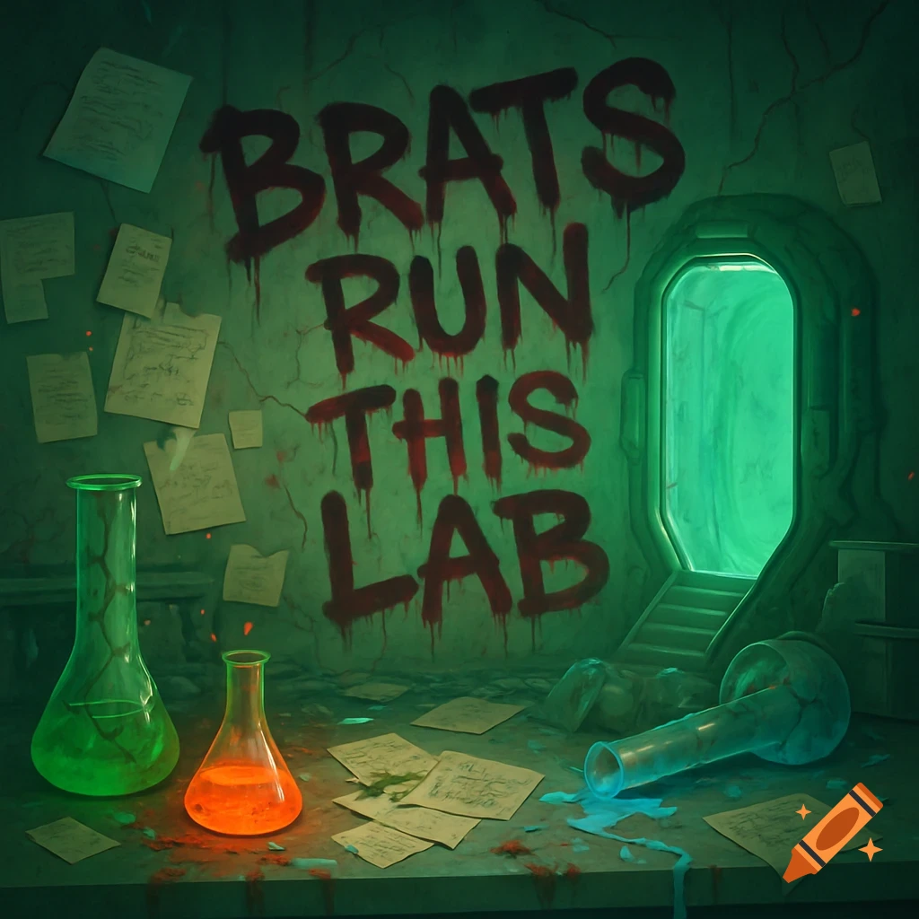 A chaotic laboratory with glowing beakers, scattered papers, and 'BRATS ...
