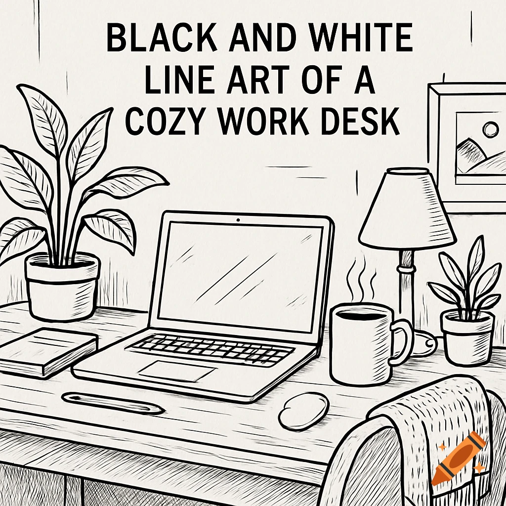 Black and white line art illustration of a cozy work desk with a laptop, coffee, plants, and books.