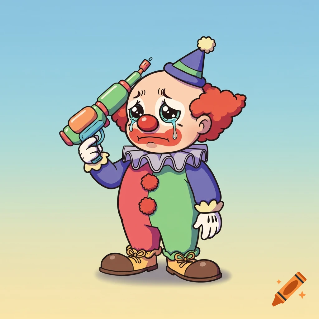 A cute cartoon sad clown cries while holding a squirt gun to its head.