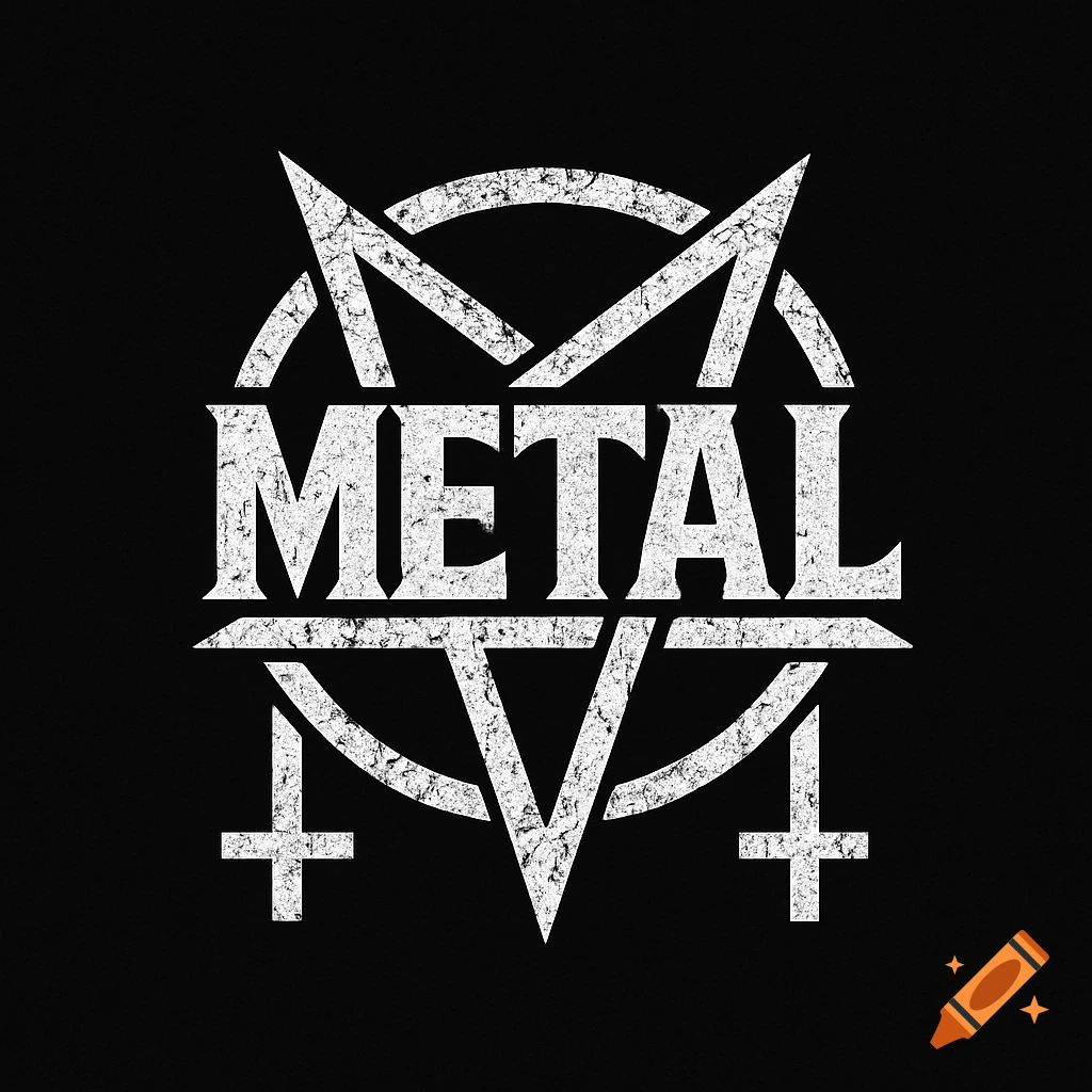 White gritty metal logo with symbols on a black background