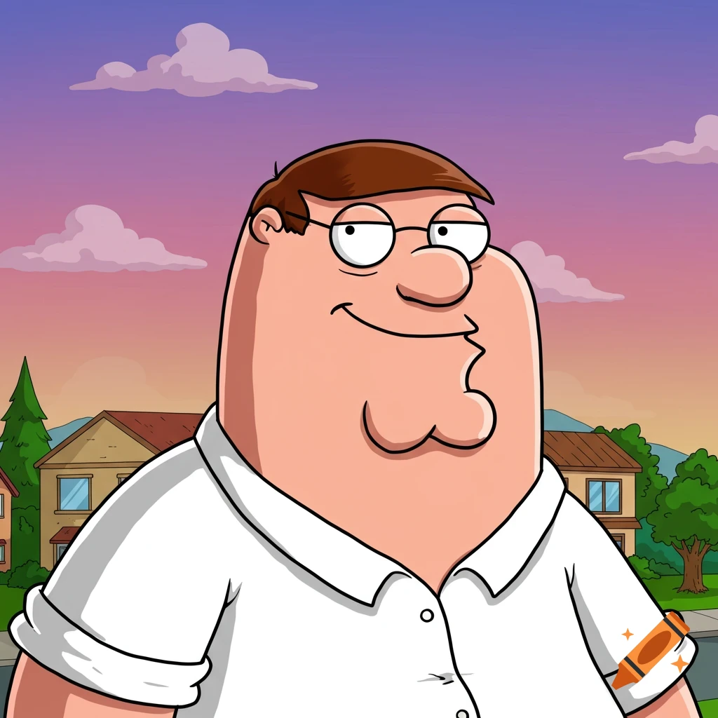Cartoon portrait of Peter Griffin from Family Guy standing outside with a sunset sky.