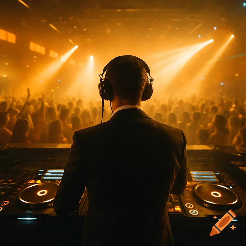 A DJ stands behind a mixer console in a club, facing a large crowd illuminated by spotlights.