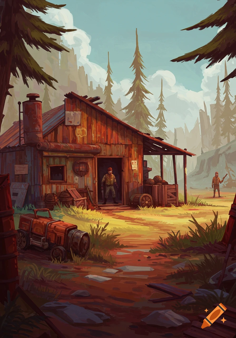 Stylized game art of a rustic shack in a survival landscape with figures.