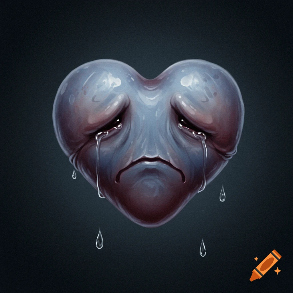 Illustrative crying heart figure on a dark background
