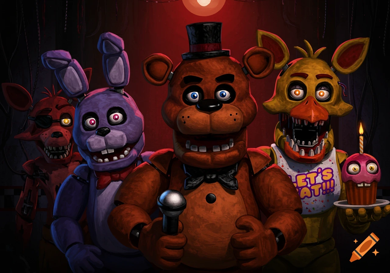 A group portrait of Five Nights at Freddy's characters Freddy Fazbear, Bonnie, Chica, and Foxy on a dark stage.