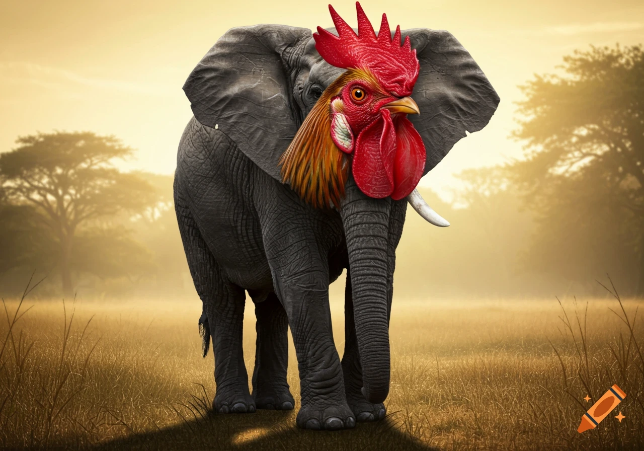 An elephant with a rooster head stands in a golden savanna.