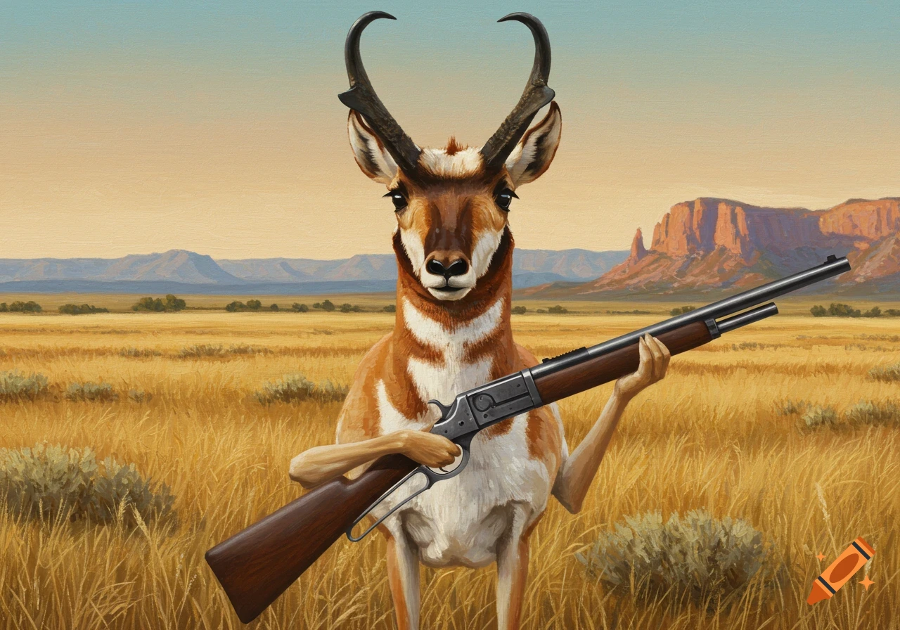 Painting of a pronghorn antelope standing in a field holding a rifle