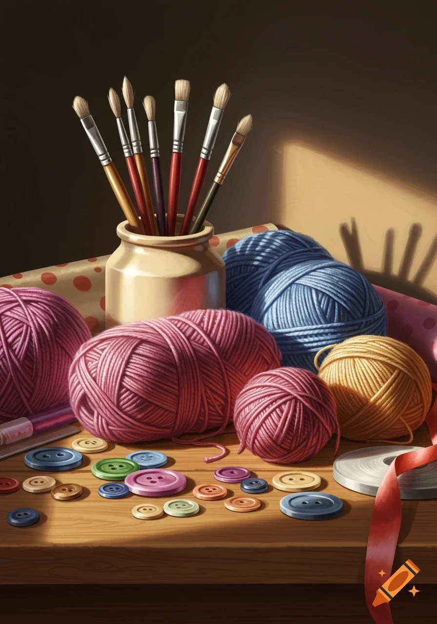 An illustration of paint brushes, yarn balls in pink, blue, and yellow, colorful buttons, and ribbon on a wooden table.