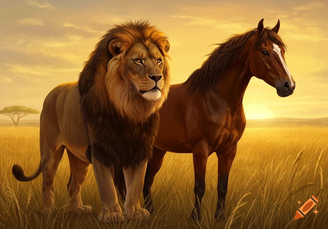 A lion and a horse stand in tall grass at sunset.