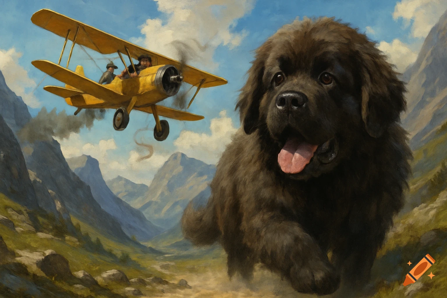 Oil painting of a giant Newfoundland puppy running with a yellow biplane flying behind it in a mountain valley.