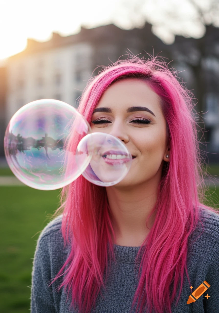 Woman with pink hair blowing a large bubble outdoors