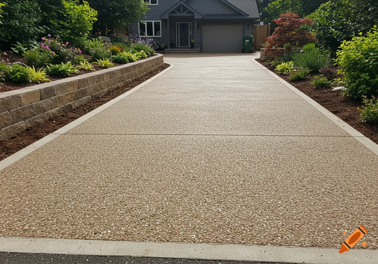 Exposed aggregate concrete driveway leading to a house with landscaping and a retaining wall.