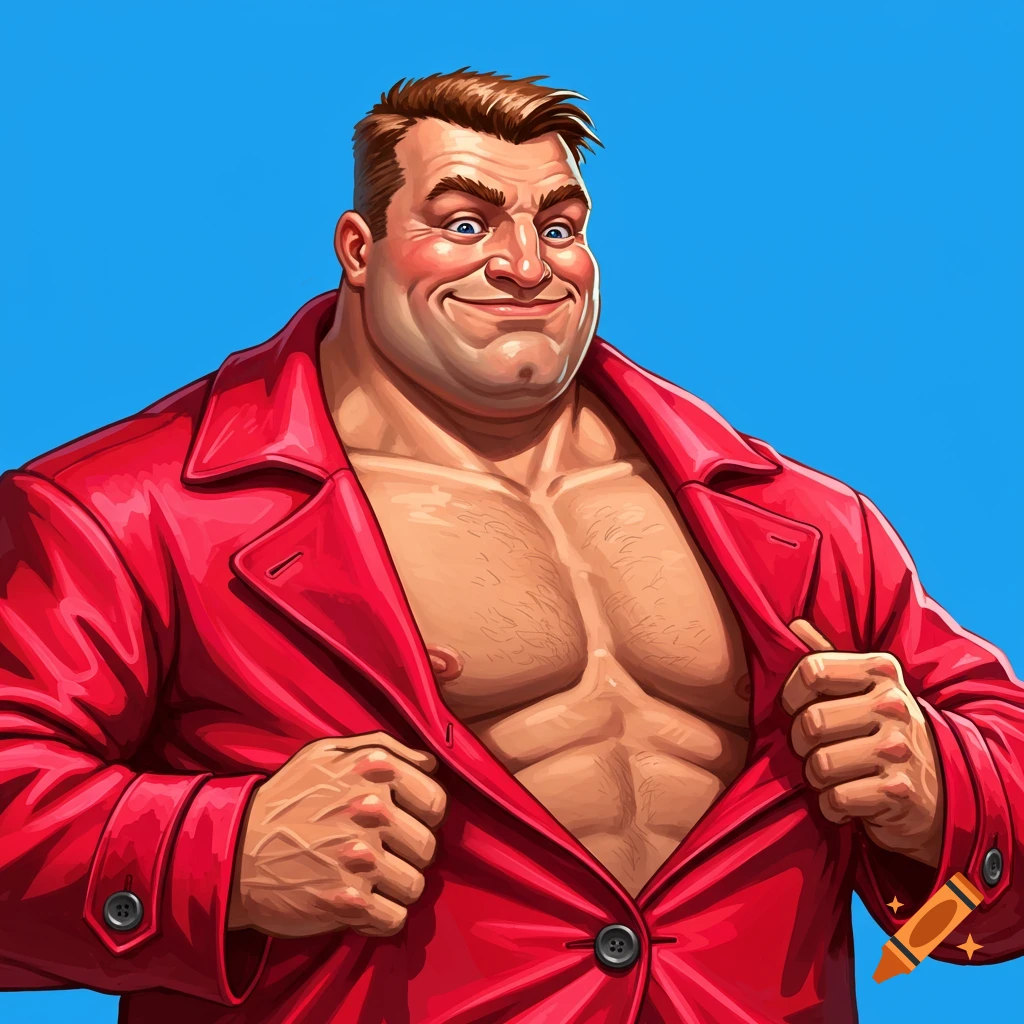 Cartoon portrait of a muscular man in a red coat open to show his chest, smiling against a blue background.