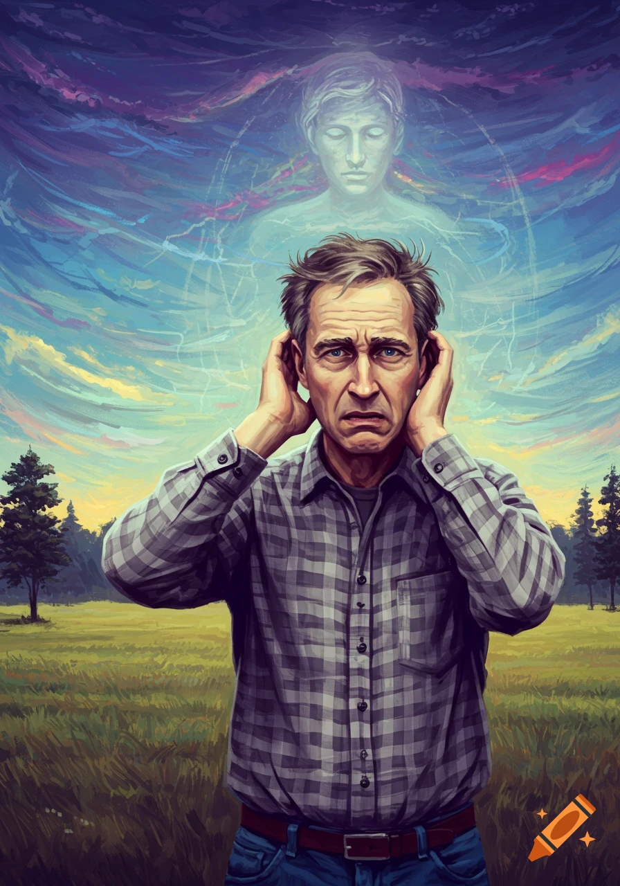 A distressed man covers his ears in a field under a turbulent sky, with a serene ghostly figure floating above him.