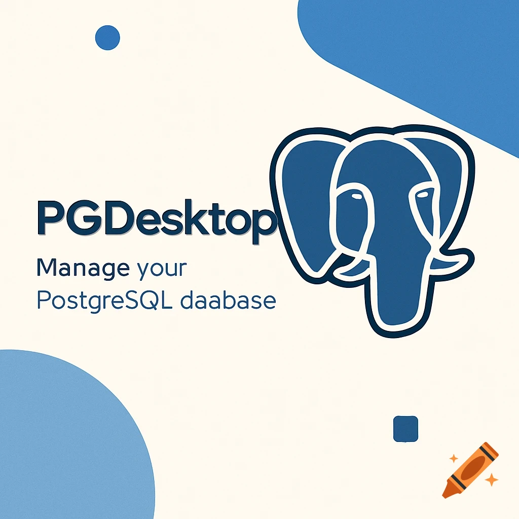 Modern splash screen with PGDesktop text, an elephant logo, and abstract blue shapes.