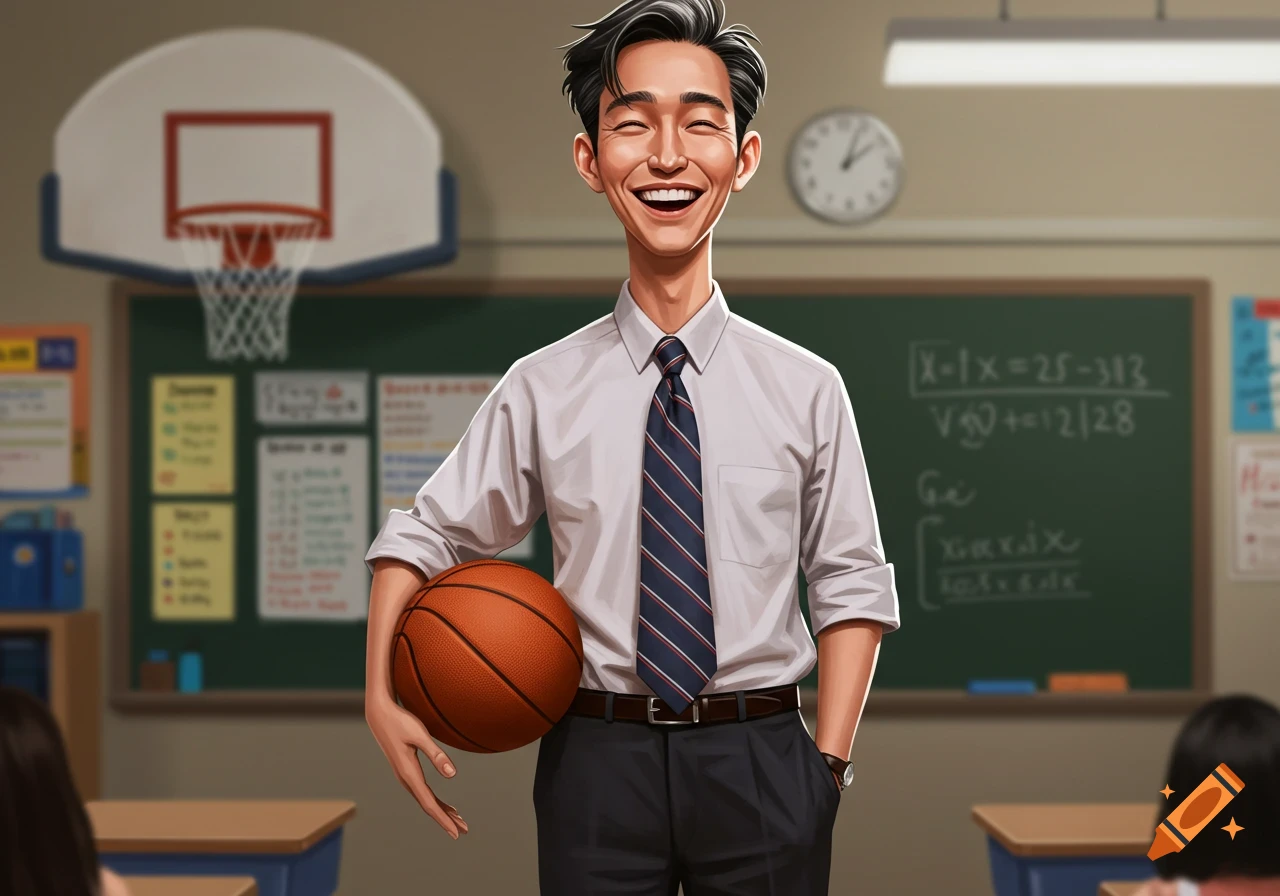 Cartoon illustration of a smiling male teacher holding a basketball in a classroom.