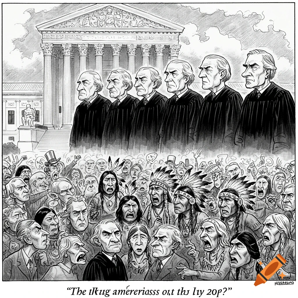 Black and white political cartoon of Supreme Court justices above a crowd of people, including Native Americans.