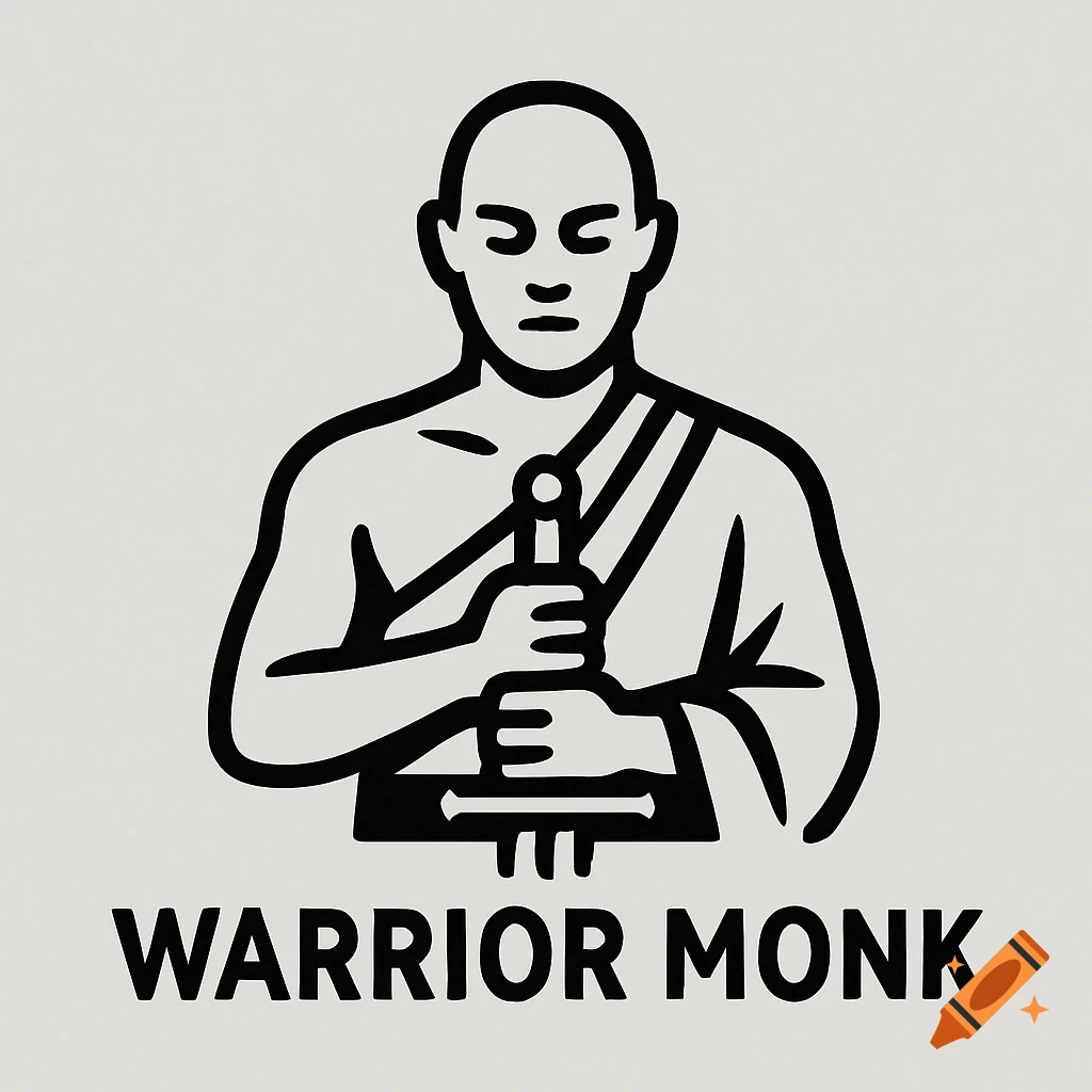 Simplistic logo of a monk holding a sword, with text 'WARRIOR MONK'