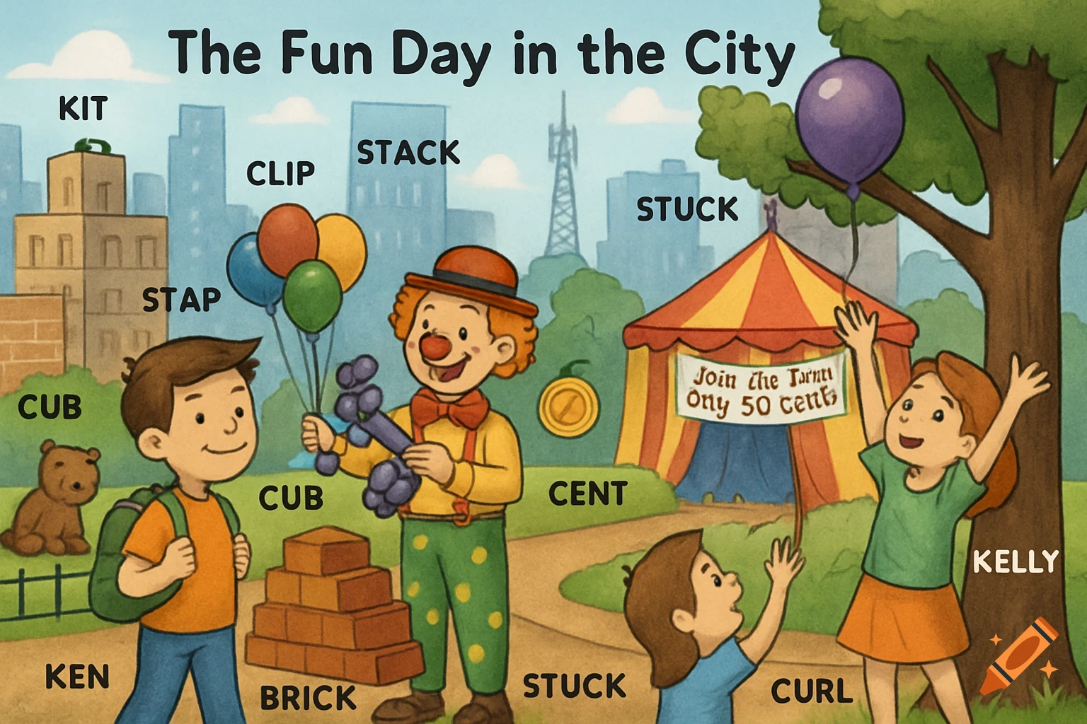 A colorful illustration of a city scene with a clown, children, balloons, and a circus tent, with vocabulary words labeled throughout.