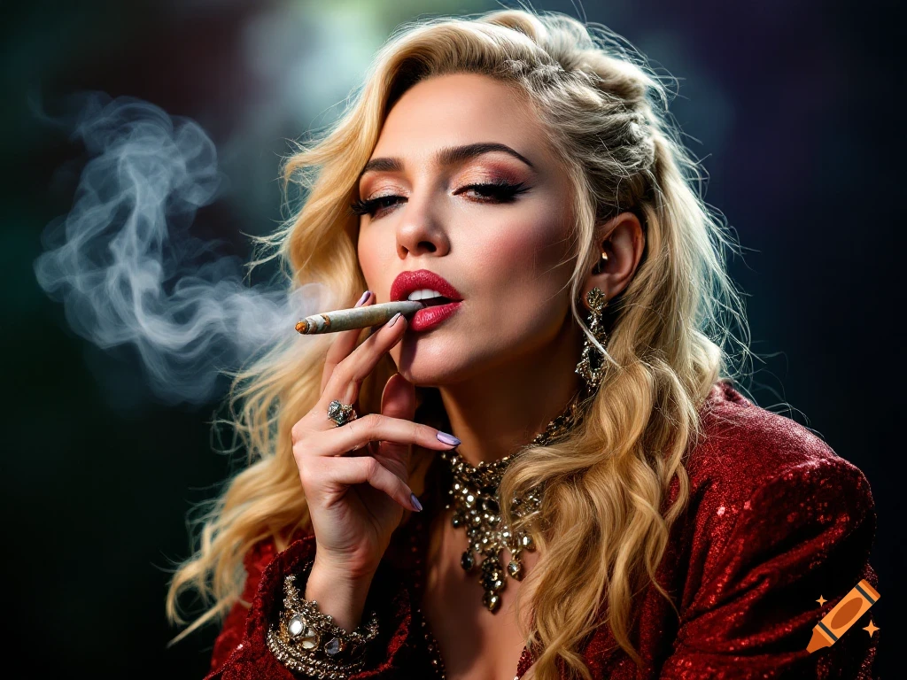 A glamorous blonde woman in a sequin jacket smokes a cigarette, with smoke curling upwards.