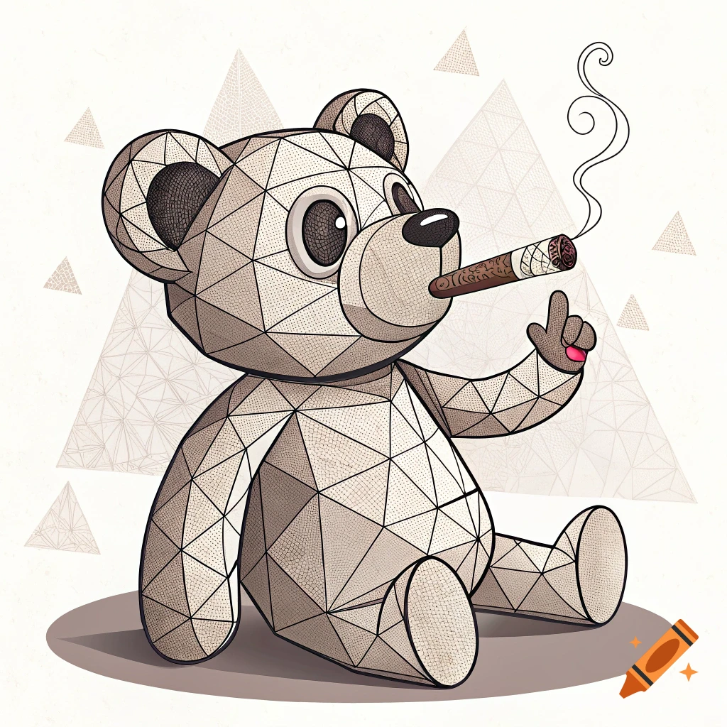 Illustration of a geometric teddy bear smoking a cigar.