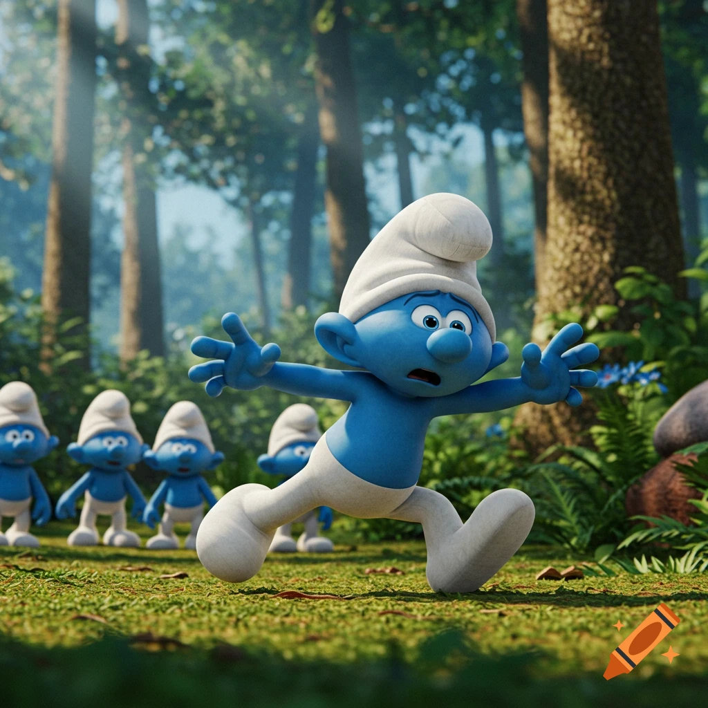 A Smurf runs through a forest looking scared, followed by other Smurfs.