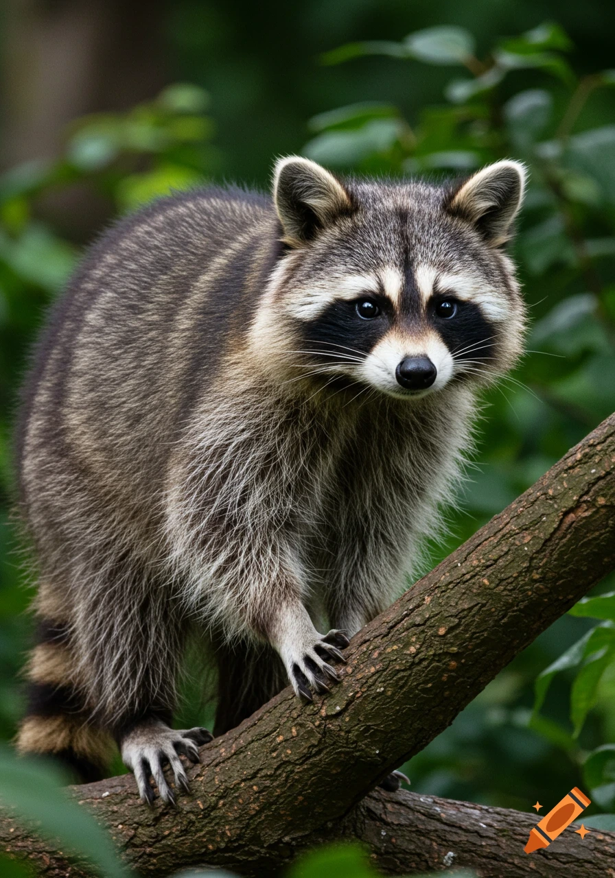 A raccoon stands on a tree branch