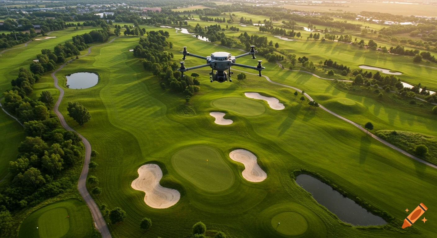 Aerial view of a lush green golf course with sand traps, water hazards, and a drone hovering overhead.