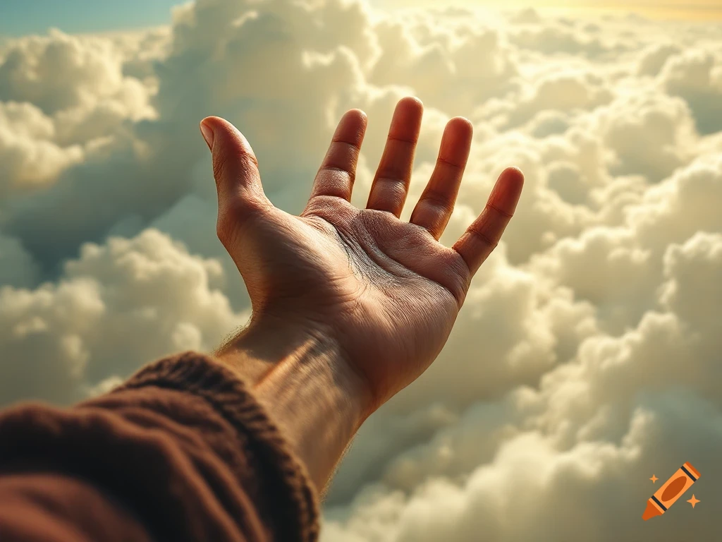 A human hand reaches up towards a bright, cloudy sky.