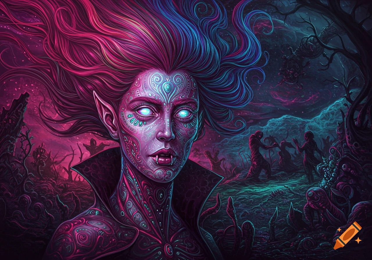 Close-up of a psychedelic vampire with glowing eyes and intricate patterns, in a dark, eerie landscape with distorted figures